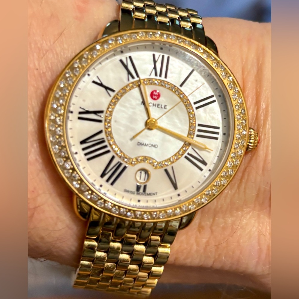 Michele Serein Gold Tone Diamond Bezel Women's Watch 134 Diamonds New Battery! - Picture 6 of 13